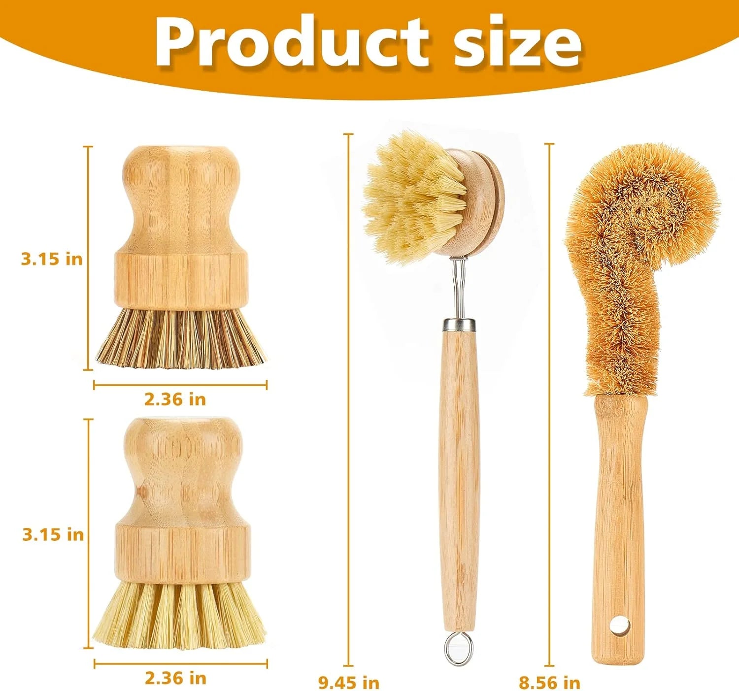 4 Piece Bamboo Dish Brush Set with Coconut Sponge - Wooden Dish Brush with Sisal and Palm Fiber, Natural Bamboo Dish Scrub Brush for Kitchen Cleaning Dishes, Pots, Pans, Bottles, Vegetables (Copy)