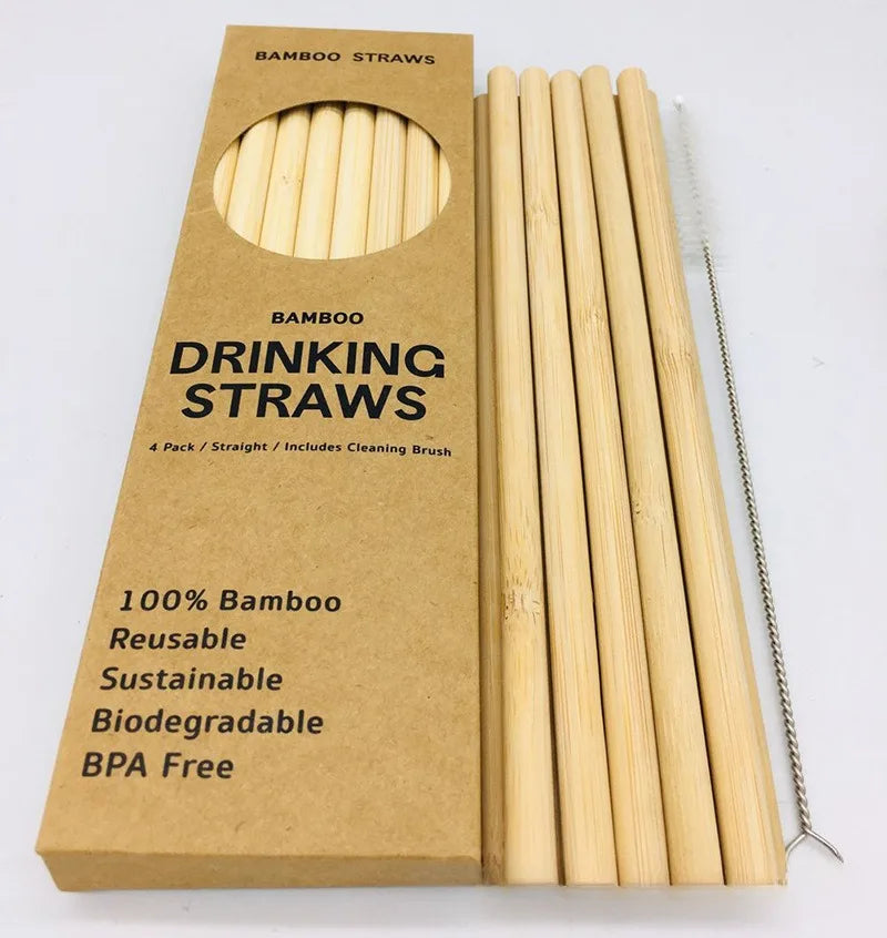 12Pcs Reusable Bamboo Straws Eco-Friendly Bar Party Drinking Straw with Cleaning Brush Natural Bamboo Cocktail Straws
