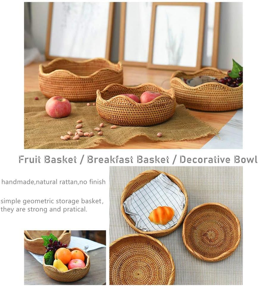 Handmade Rattan round Fruit Basket Food Storage Organizer Snack Serving Tray Basket with 3' Deep Wall, Boho Decor Display Tray Bowl (3-Size Kit)