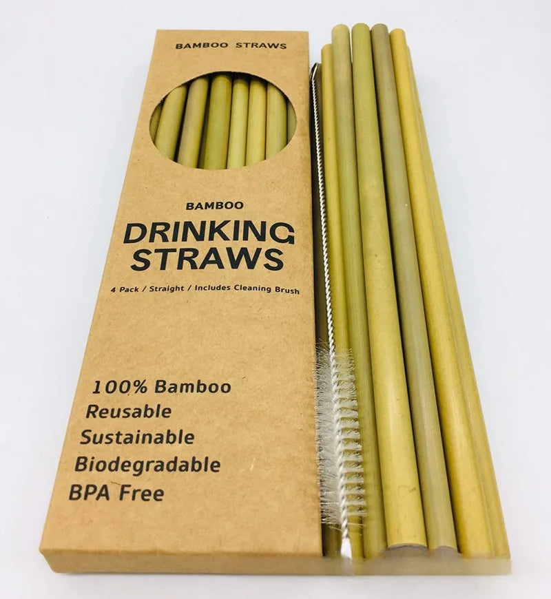 12Pcs Reusable Bamboo Straws Eco-Friendly Bar Party Drinking Straw with Cleaning Brush Natural Bamboo Cocktail Straws