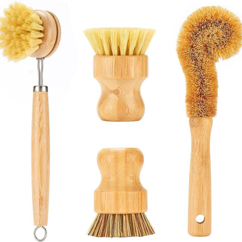 4 Piece Bamboo Dish Brush Set with Coconut Sponge - Wooden Dish Brush with Sisal and Palm Fiber, Natural Bamboo Dish Scrub Brush for Kitchen Cleaning Dishes, Pots, Pans, Bottles, Vegetables (Copy)
