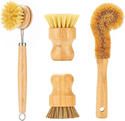 4 Piece Bamboo Dish Brush Set with Coconut Sponge - Wooden Dish Brush with Sisal and Palm Fiber, Natural Bamboo Dish Scrub Brush for Kitchen Cleaning Dishes, Pots, Pans, Bottles, Vegetables (Copy)