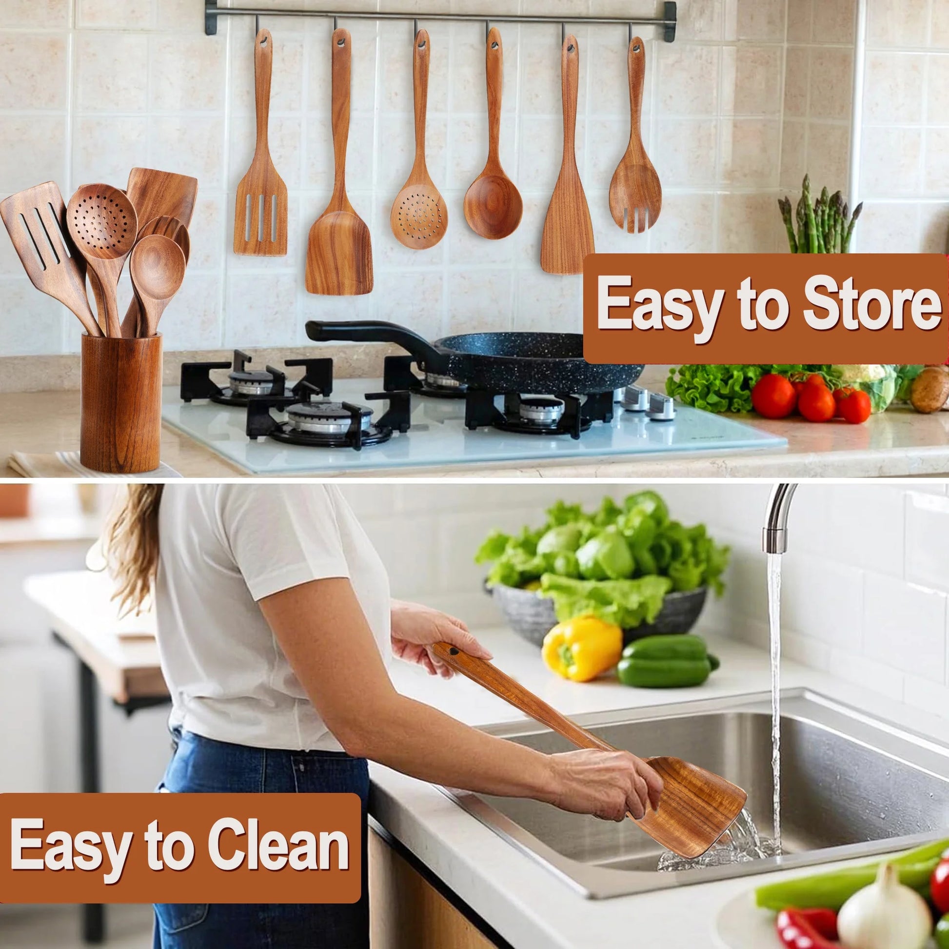 Wooden Spoons for Cooking, 10 Pcs Natural Teak Kitchen Utensil Set, Wooden Cooking Utensils Set for Nonstick Pans & Cookware