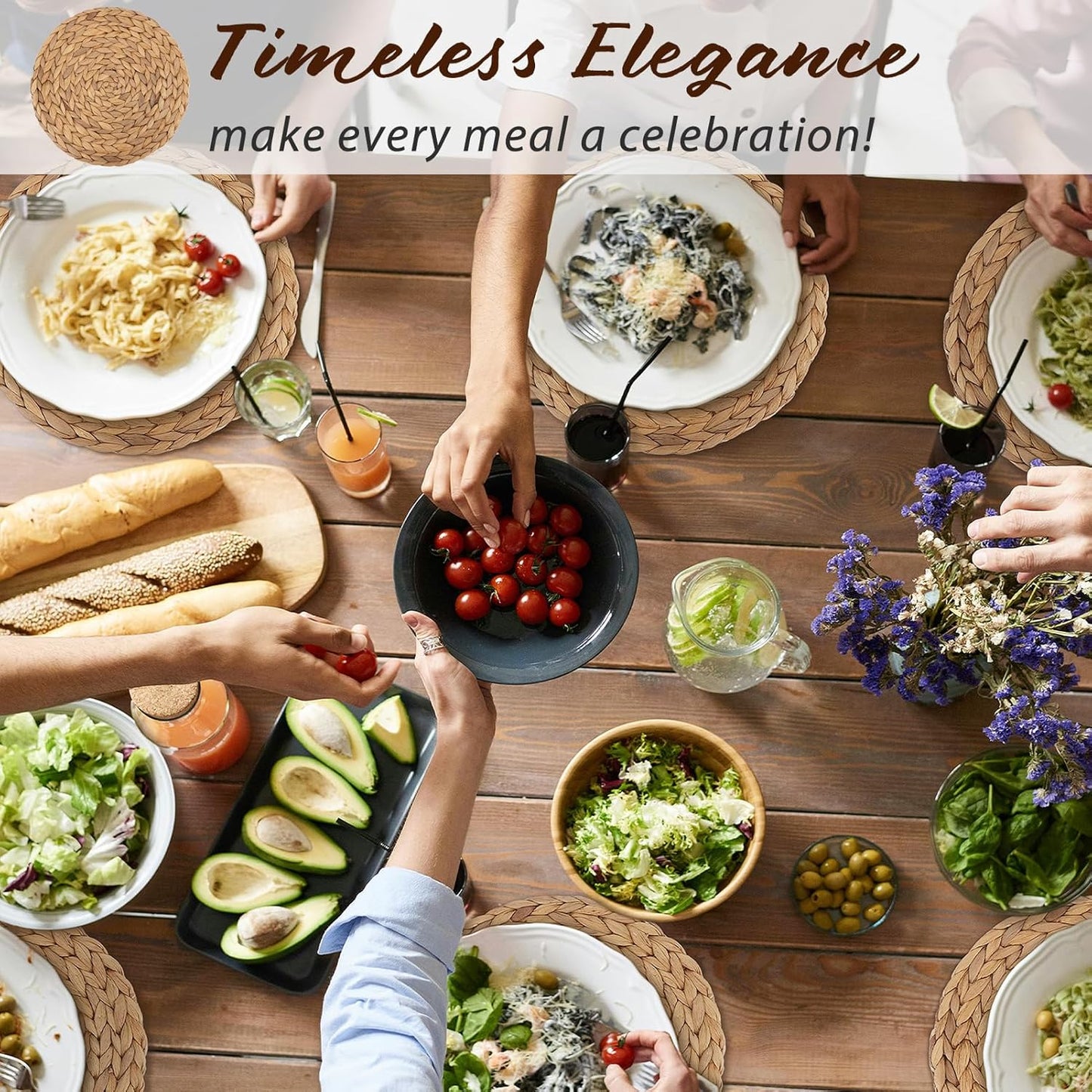 Natural Water Hyacinth Weave Placemat round Braided Rattan Tablemats 11.8 Inch X 2Pc