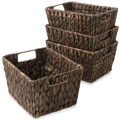 Set of 4 Storage Baskets with Handles, Wicker Seagrass Hyacinth Bins for Shelves