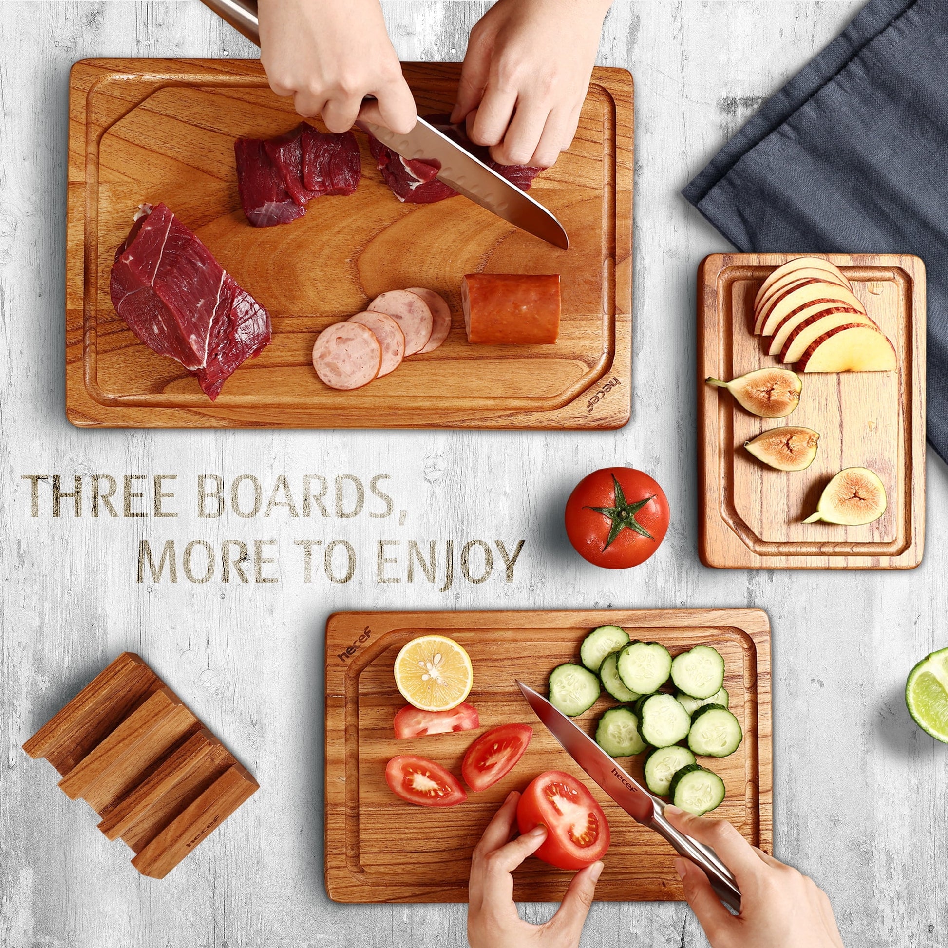 3PCS Wood Cutting Board Set with Holder, 15 Inch Serving Board for Kitchen Meal Prep & Serving