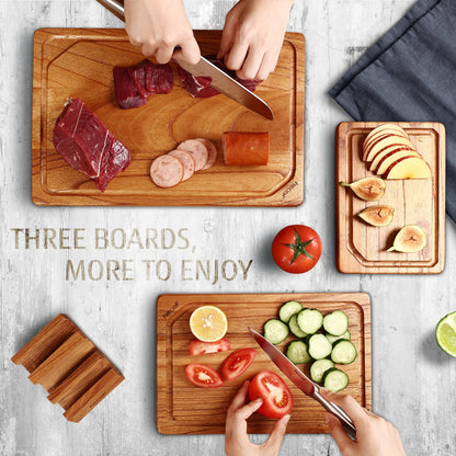 3PCS Wood Cutting Board Set with Holder, 15 Inch Serving Board for Kitchen Meal Prep & Serving