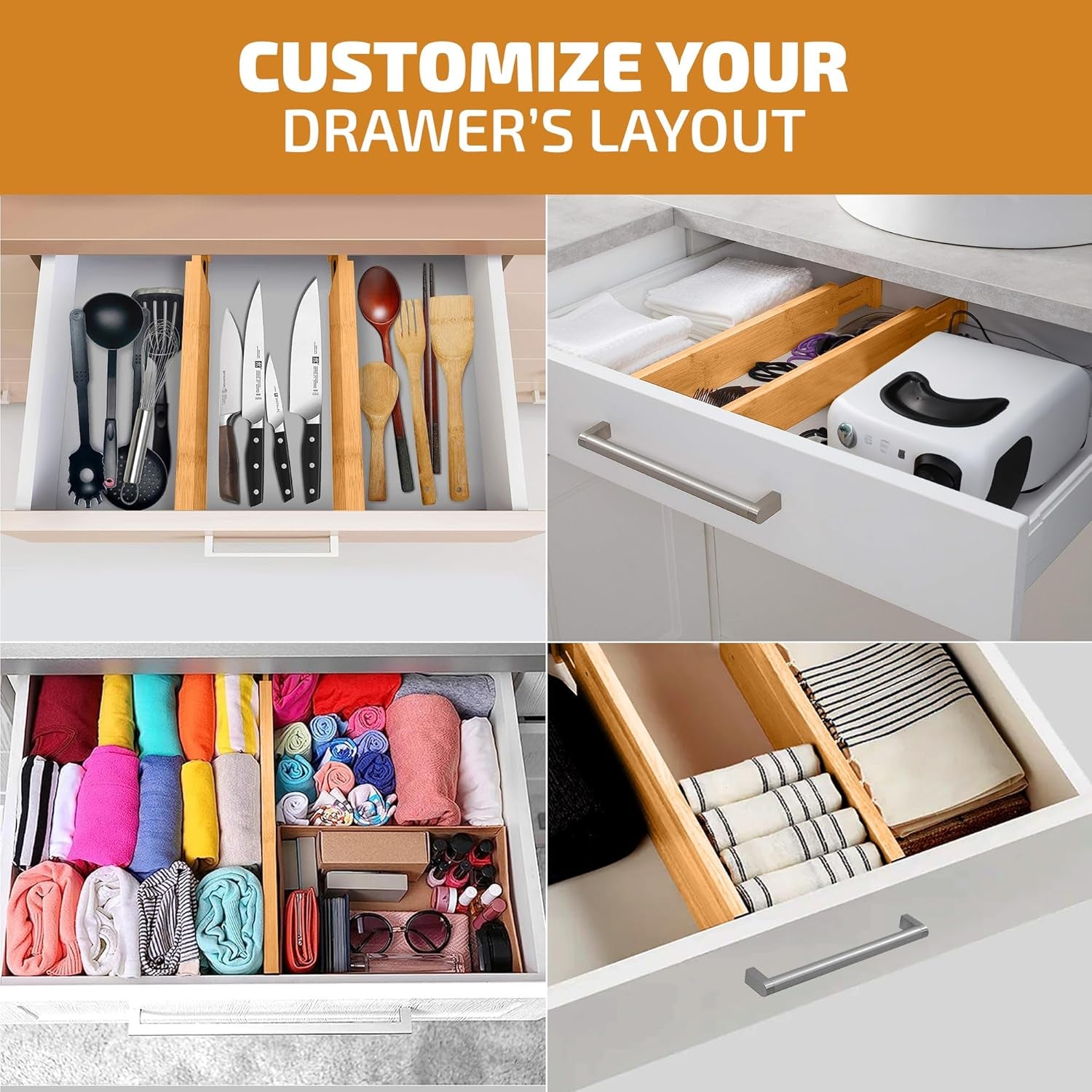 4 Pack Drawer Divider - 2.6" High, 16" to 22" Adjustable Bamboo Drawer Organizers for Clothes, Expandable Dresser Separators in Bedroom/Bathroom/Kitchen/Office Organization and Storage (Natural)