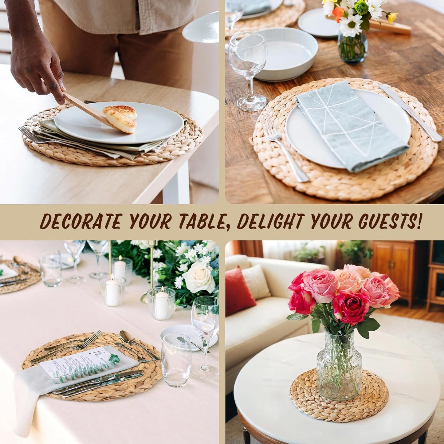 Natural Water Hyacinth Weave Placemat round Braided Rattan Tablemats 11.8 Inch X 2Pc