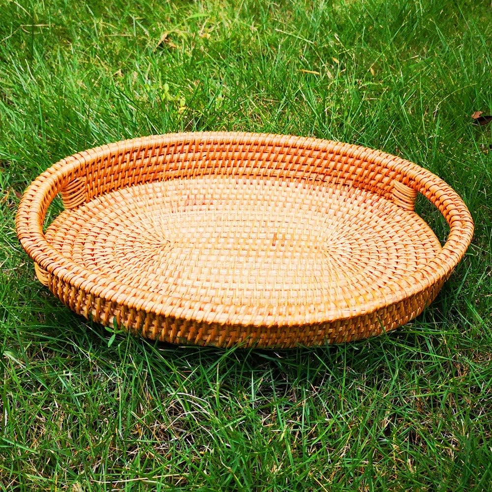 Small Handmade Rattan Basket, Oval Wicker Bowl, Rustic Serving Tray with Handles, Fruit Bowls, Table Organizers Storage Dish for Food, Catering, Catchall, Brown, S, 12.6 Inch