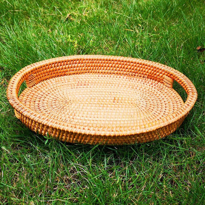 Small Handmade Rattan Basket, Oval Wicker Bowl, Rustic Serving Tray with Handles, Fruit Bowls, Table Organizers Storage Dish for Food, Catering, Catchall, Brown, S, 12.6 Inch