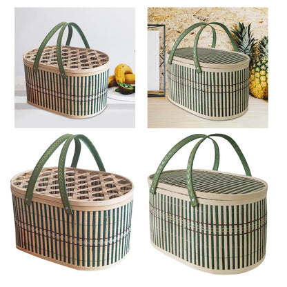 Bamboo Woven Basket with Top Handle Versatile Handwoven Picnic Basket Food Storage Basket Bamboo Basket with Lid for Snacks Cake