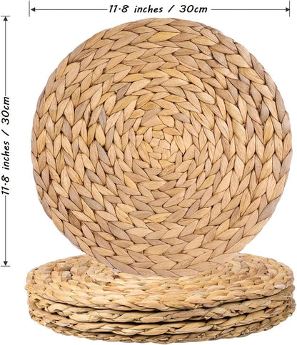 4 Pack round Woven Placemats, 11.8 Inches Plate Chargers Natural Wicker Placemats Water Hyacinth Straw Braided Tablemats Rattan Tablemats Rustic Weave Placemats for Dining Table