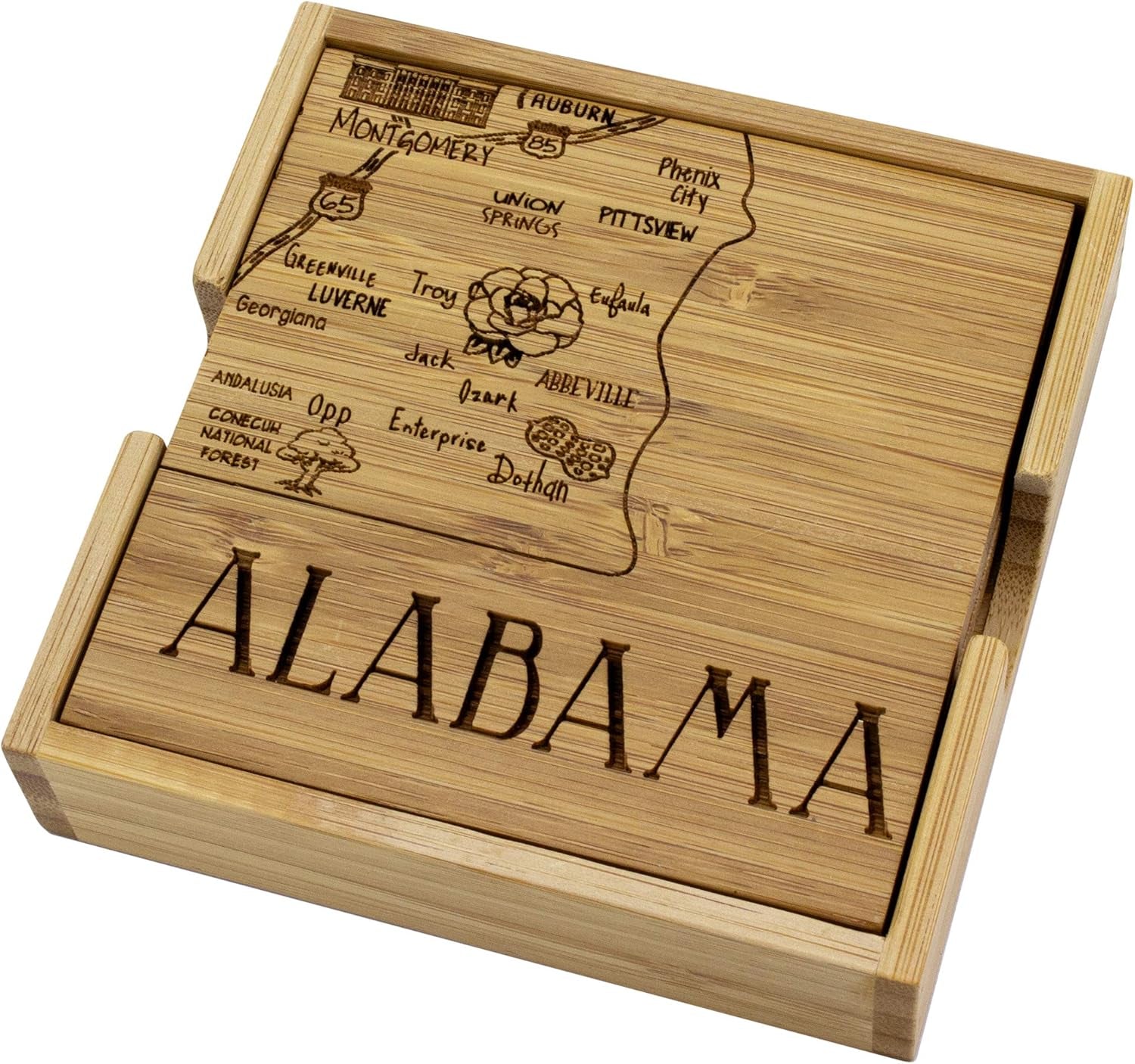 Alabama State Puzzle 4 Piece Bamboo Coaster Set with Case