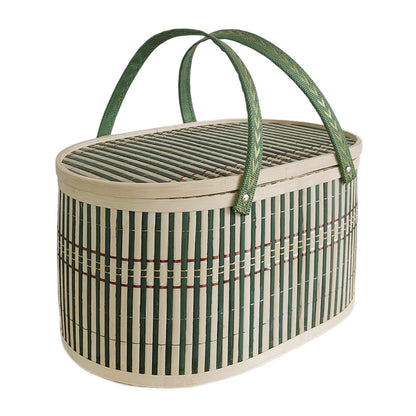 Bamboo Woven Basket with Top Handle Versatile Handwoven Picnic Basket Food Storage Basket Bamboo Basket with Lid for Snacks Cake