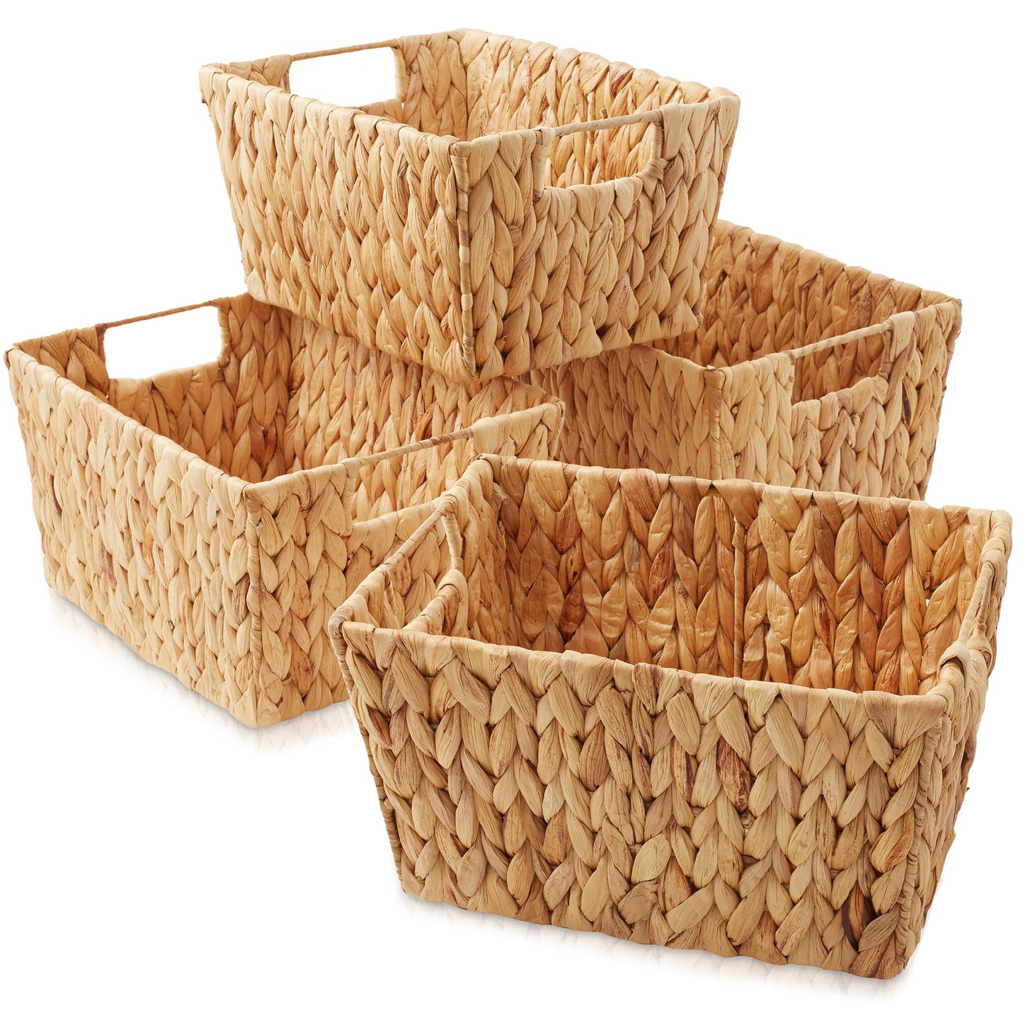 Set of 4 Storage Baskets with Handles, Wicker Seagrass Hyacinth Bins for Shelves