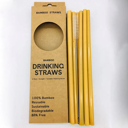 12Pcs Reusable Bamboo Straws Eco-Friendly Bar Party Drinking Straw with Cleaning Brush Natural Bamboo Cocktail Straws