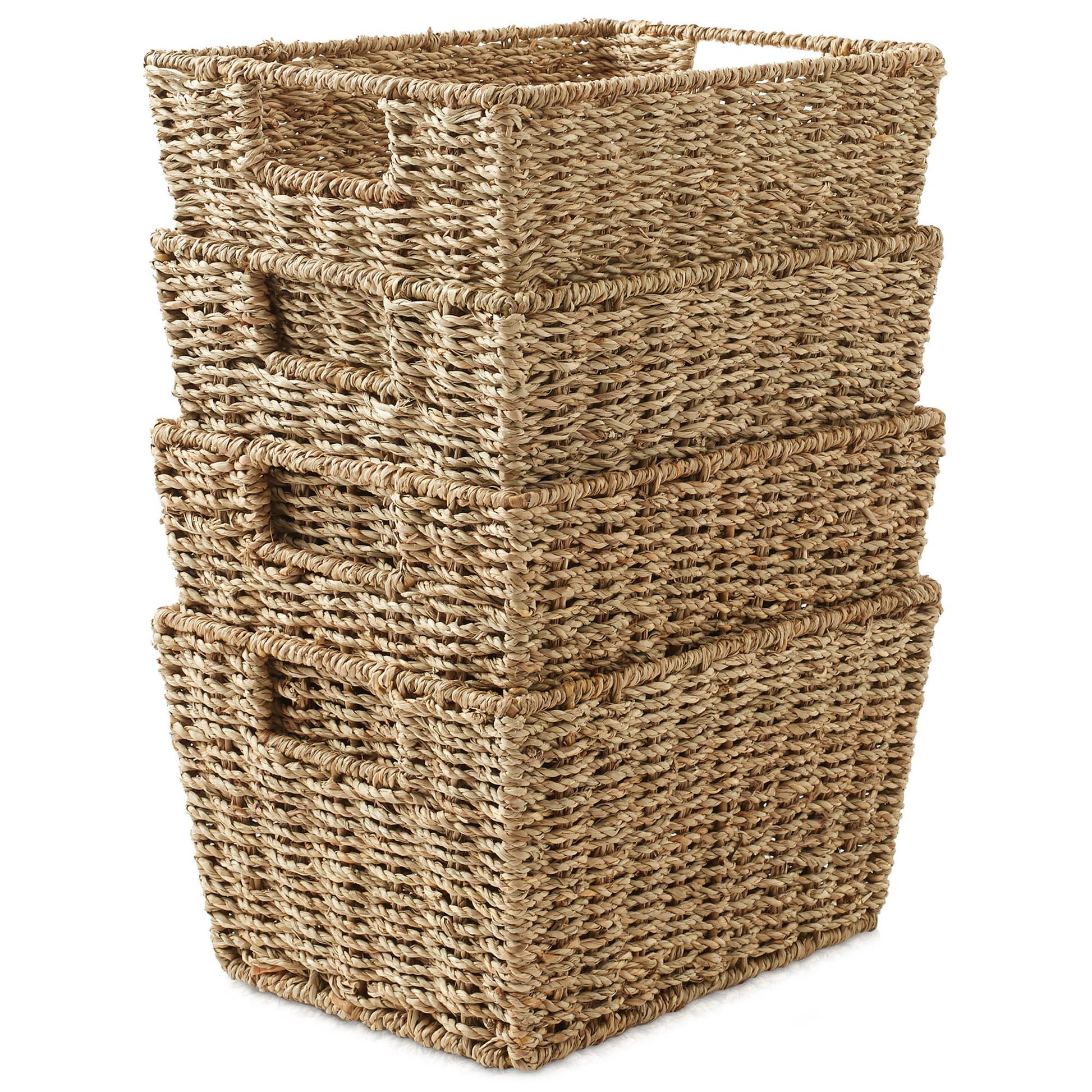 Set of 4 Storage Baskets with Handles, Wicker Seagrass Hyacinth Bins for Shelves