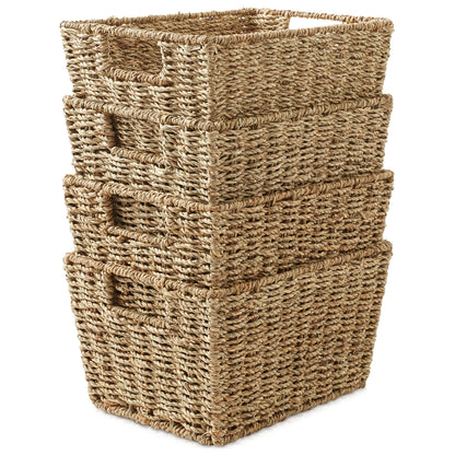 Set of 4 Storage Baskets with Handles, Wicker Seagrass Hyacinth Bins for Shelves