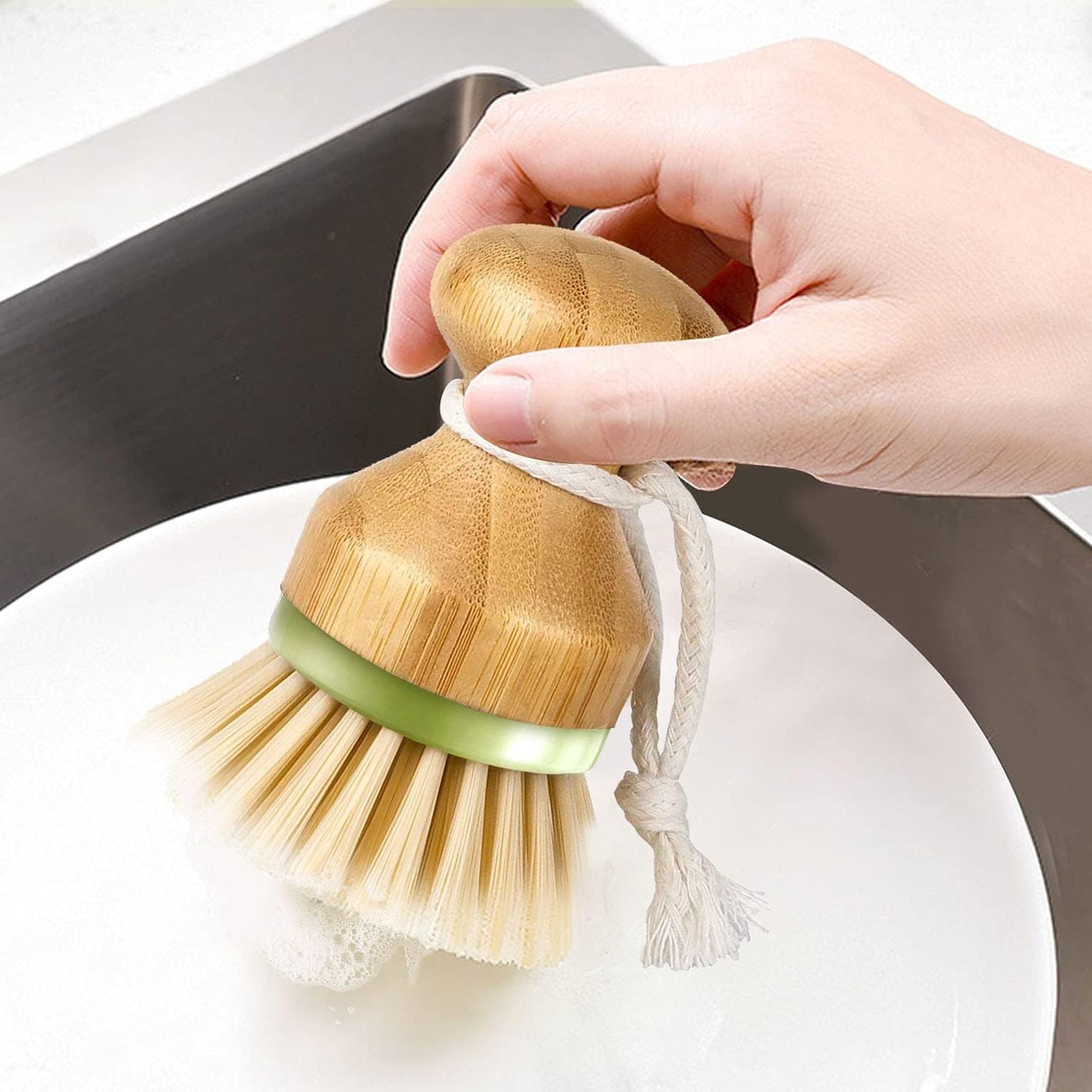 Bamboo Dish Brush, Scrub Brush for Dishes Pots Pans Kitchen Sink Cast Iron Skillet Cleaning, Pack of 2