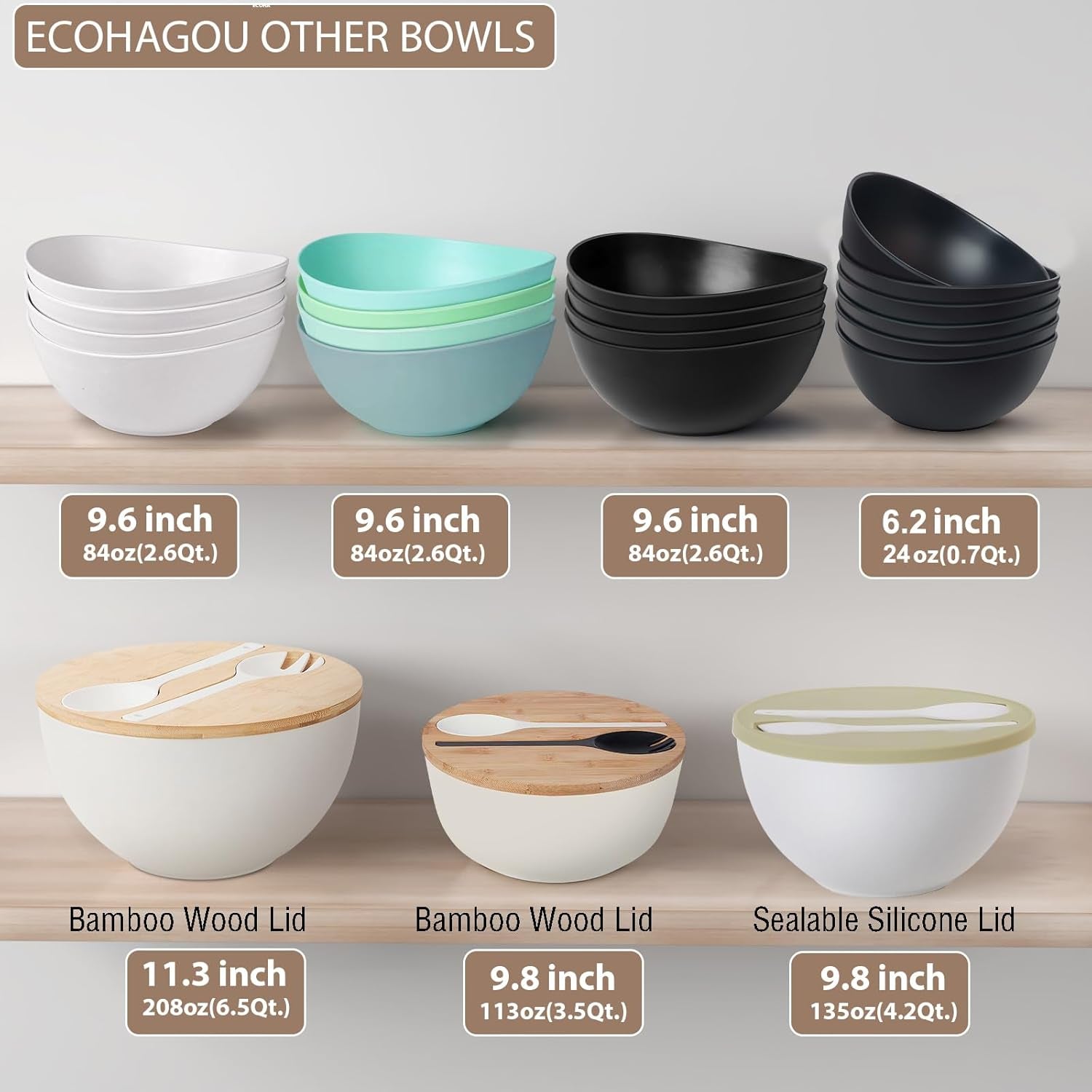 10" Large Salad Serving Bowl with Utensils in Lid, Bamboo Fiber Salad Bowl with Lid, Mixing Bowl with Servers Set for Pasta,Fruit,Veggies,Popcorn to Replace Wooden Bowls - Matte Black