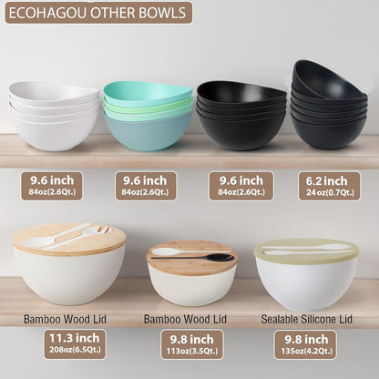10" Large Salad Serving Bowl with Utensils in Lid, Bamboo Fiber Salad Bowl with Lid, Mixing Bowl with Servers Set for Pasta,Fruit,Veggies,Popcorn to Replace Wooden Bowls - Matte Black