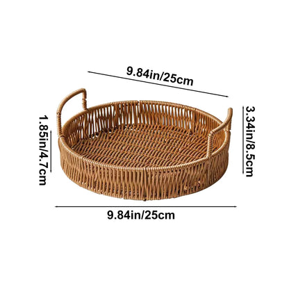 Rattan Tray for Coffee Table - round Decorative Tray with Handles for Serving - Natural Woven Flat Basket for Centerpiece, Night Stand, Ottoman, Kitchen & Bathroom Decor