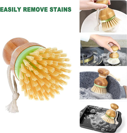Bamboo Dish Brush, Scrub Brush for Dishes Pots Pans Kitchen Sink Cast Iron Skillet Cleaning, Pack of 2