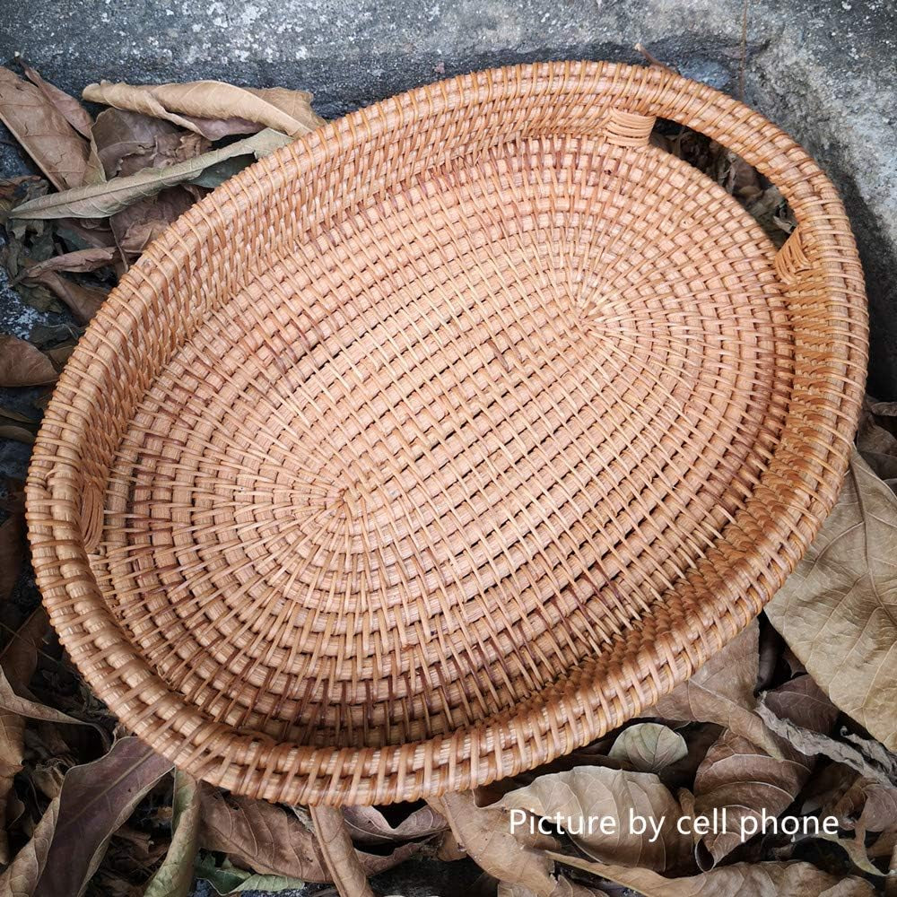 Small Handmade Rattan Basket, Oval Wicker Bowl, Rustic Serving Tray with Handles, Fruit Bowls, Table Organizers Storage Dish for Food, Catering, Catchall, Brown, S, 12.6 Inch