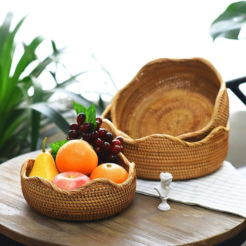 Handmade Rattan round Fruit Basket Food Storage Organizer Snack Serving Tray Basket with 3' Deep Wall, Boho Decor Display Tray Bowl (3-Size Kit)