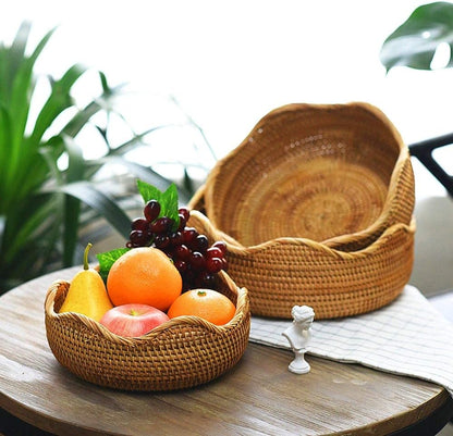 Handmade Rattan round Fruit Basket Food Storage Organizer Snack Serving Tray Basket with 3' Deep Wall, Boho Decor Display Tray Bowl (3-Size Kit)