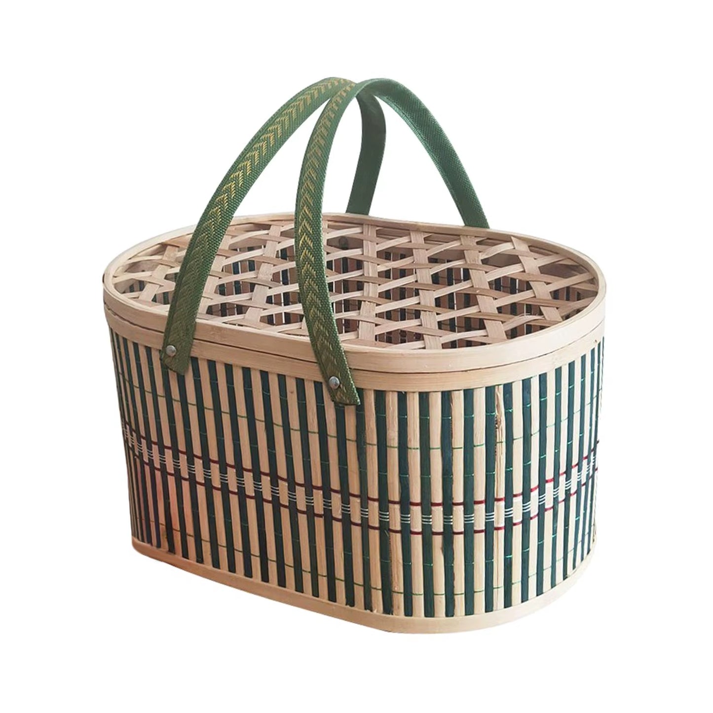 Bamboo Woven Basket with Top Handle Versatile Handwoven Picnic Basket Food Storage Basket Bamboo Basket with Lid for Snacks Cake