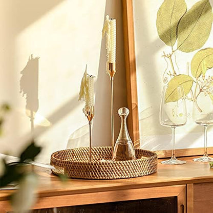 Rattan round Serving Tray, Hand Woven Serving Basket with Cut - Out Handles, Wicker Fruit/Bread Serving Basket (11.8 + 13.8 Inch)