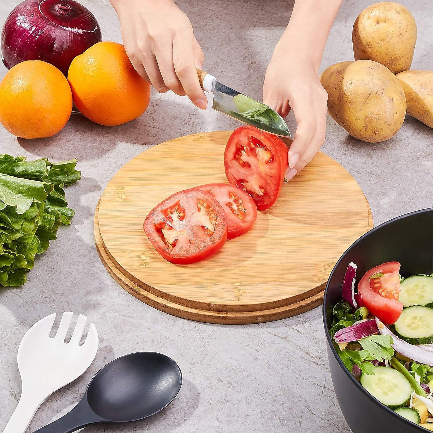 10" Large Salad Serving Bowl with Utensils in Lid, Bamboo Fiber Salad Bowl with Lid, Mixing Bowl with Servers Set for Pasta,Fruit,Veggies,Popcorn to Replace Wooden Bowls - Matte Black