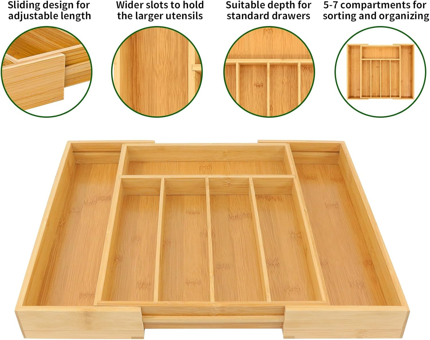 Bamboo Drawer Organizer, Expandable Silverware Drawer Organizer, Cutlery Tray with Dividers for Kitchen Utensils, Medium