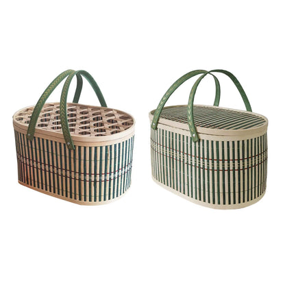 Bamboo Woven Basket with Top Handle Versatile Handwoven Picnic Basket Food Storage Basket Bamboo Basket with Lid for Snacks Cake