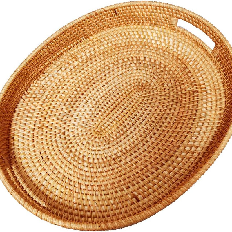 Oval Rattan X-Large Breakfast Severing Tray-17 Wicker Woven Food Storage Platters for Fruit,Bread, Drinks,Snacks|Coffee Table Serving Basket Ottoman Tray with Handles and 2.4" Wall(Xxl-43Cm)