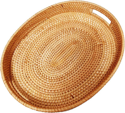 Oval Rattan X-Large Breakfast Severing Tray-17 Wicker Woven Food Storage Platters for Fruit,Bread, Drinks,Snacks|Coffee Table Serving Basket Ottoman Tray with Handles and 2.4" Wall(Xxl-43Cm)