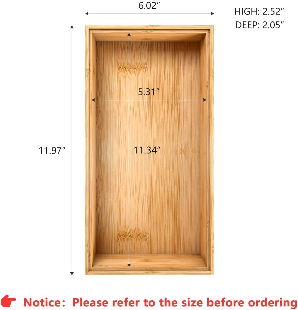 Bamboo Kitchen Drawer Organizer,Stackable Silverware Tray Utensil Organizer Cutlery Holder for Kitchen,Wooden Storage Box for Bathroom, Multi-Use Drawer Organizer for Office,Makeup(12X6X2.5 Inch）