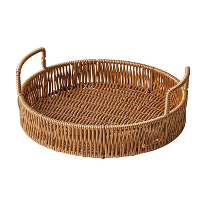 Rattan Tray for Coffee Table - round Decorative Tray with Handles for Serving - Natural Woven Flat Basket for Centerpiece, Night Stand, Ottoman, Kitchen & Bathroom Decor