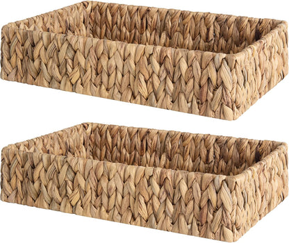Large Water Hyacinth Tray for Bathroom, Wicker Storage Basket for Shelves, Handwoven Natural Hyacinth Baskets for Organizing, 2-Pack