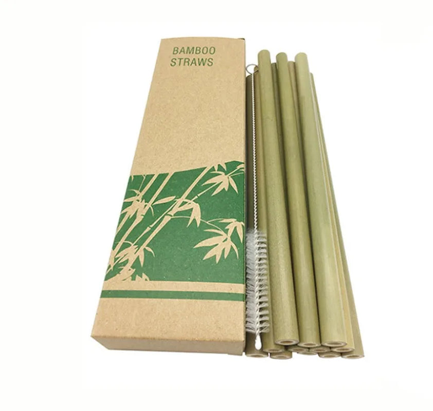 12Pcs Reusable Bamboo Straws Eco-Friendly Bar Party Drinking Straw with Cleaning Brush Natural Bamboo Cocktail Straws