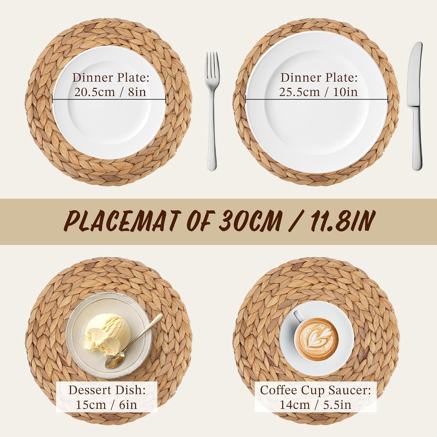 Natural Water Hyacinth Weave Placemat round Braided Rattan Tablemats 11.8 Inch X 2Pc