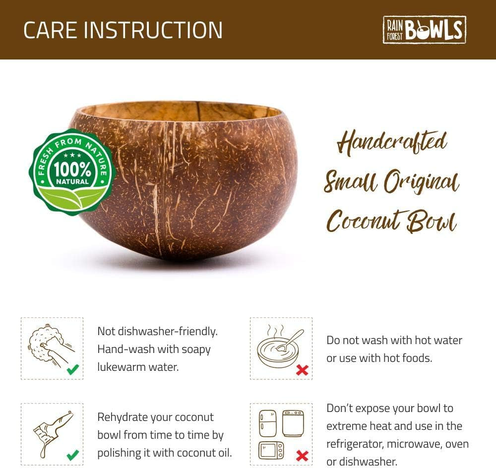 Set of 2 Small Original Coconut Bowls, 2 Wooden Spoons & 2 Reusable Bamboo Straws - 100% Natural, Hand Carved by Artisans, Eco-Friendly & Sustainable - Smoothie/Acai/Salad Bowls