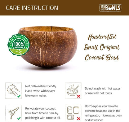 Set of 2 Small Original Coconut Bowls, 2 Wooden Spoons & 2 Reusable Bamboo Straws - 100% Natural, Hand Carved by Artisans, Eco-Friendly & Sustainable - Smoothie/Acai/Salad Bowls