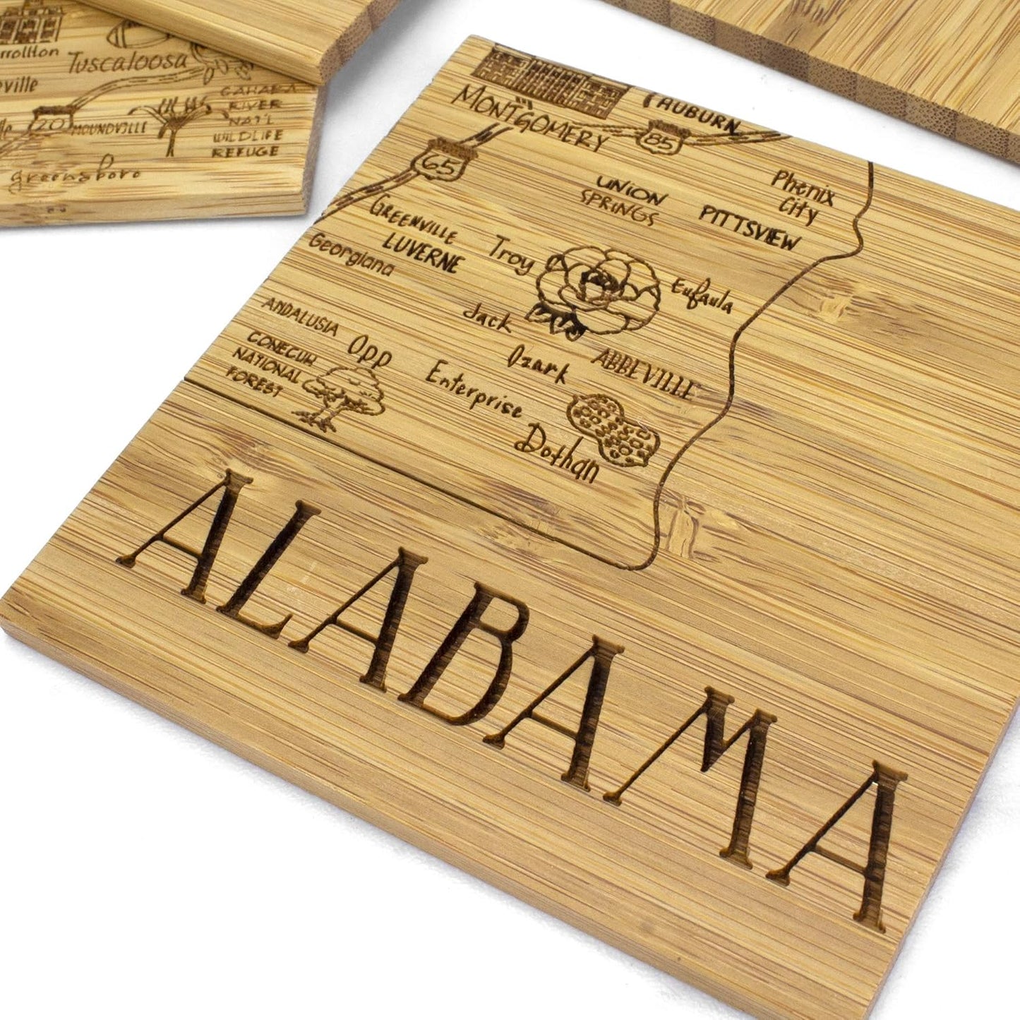 Alabama State Puzzle 4 Piece Bamboo Coaster Set with Case