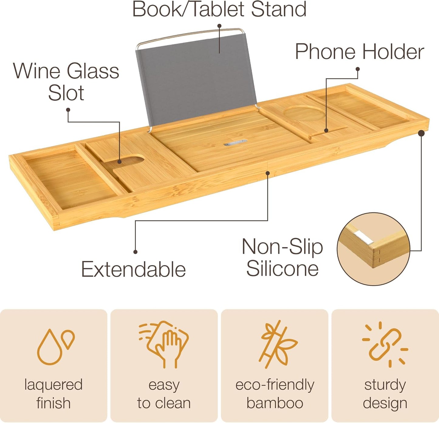Wooden Bathtub Tray - Foldable & Expandable Bamboo Bath Tray for Tub with Wine Holder, Book & Tablet Stand - Bath Caddy Tray for Bathtub, Spa Bath Accessories for Women, Tub Tray Table