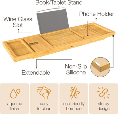 Wooden Bathtub Tray - Foldable & Expandable Bamboo Bath Tray for Tub with Wine Holder, Book & Tablet Stand - Bath Caddy Tray for Bathtub, Spa Bath Accessories for Women, Tub Tray Table