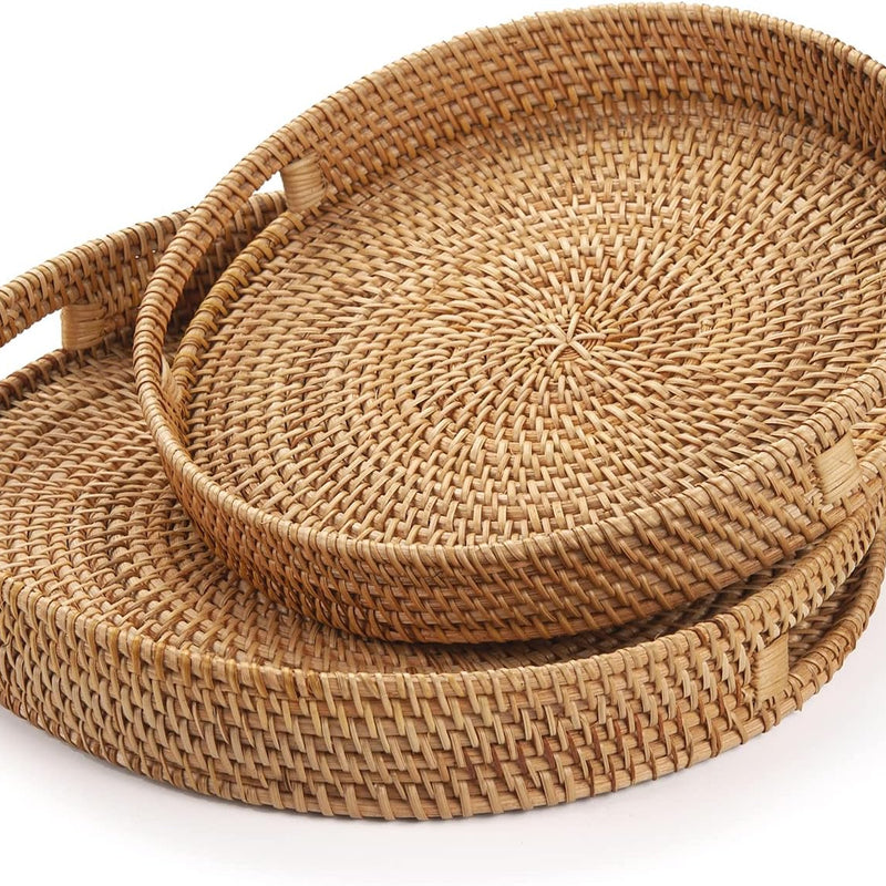 Rattan round Serving Tray, Hand Woven Serving Basket with Cut - Out Handles, Wicker Fruit/Bread Serving Basket (11.8 + 13.8 Inch)