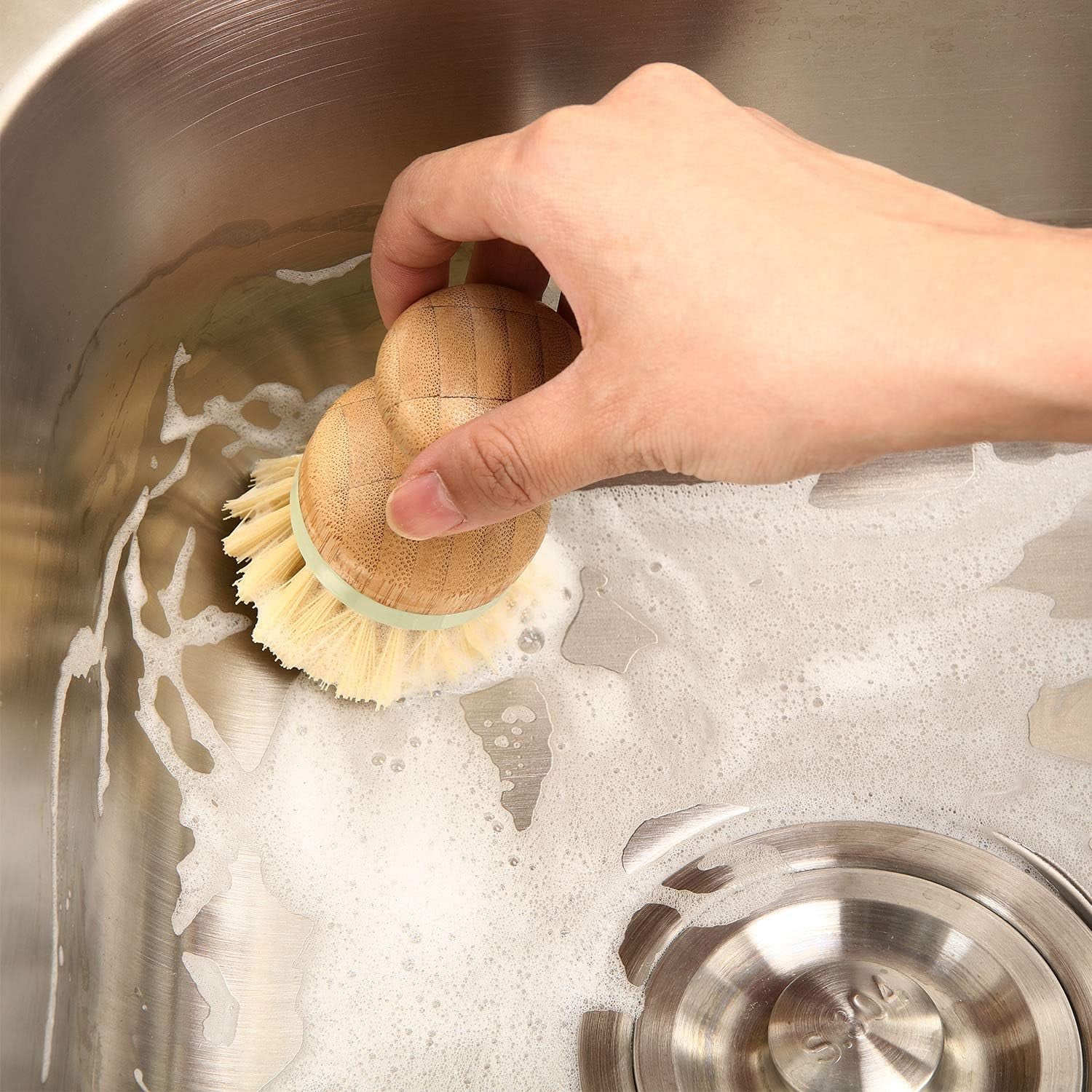 4 Pieces Bamboo Dish Scrub Brush with Holders Wooden Bamboo round Scrubbers Stiff Bristles Pot Brushes for Wash Dishes, Pots, Pans, Kitchen Iron Pot Pan Sink(Classic Style,Green)